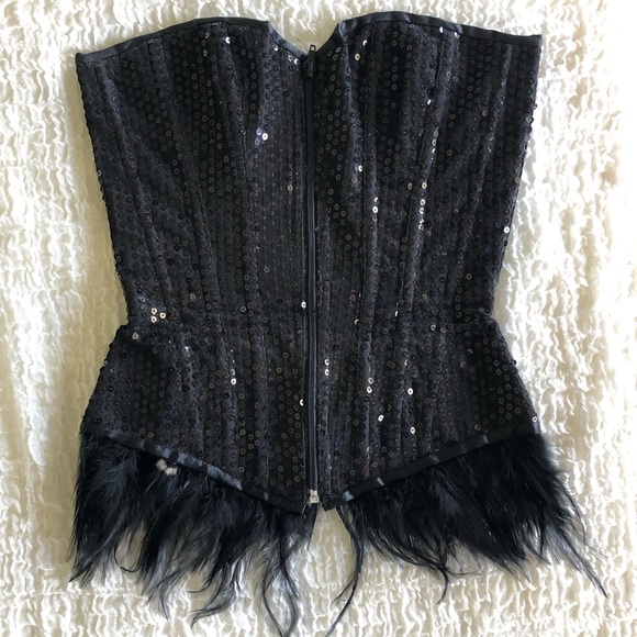 Black Sequin & Feather Corset - Picture 1 of 2